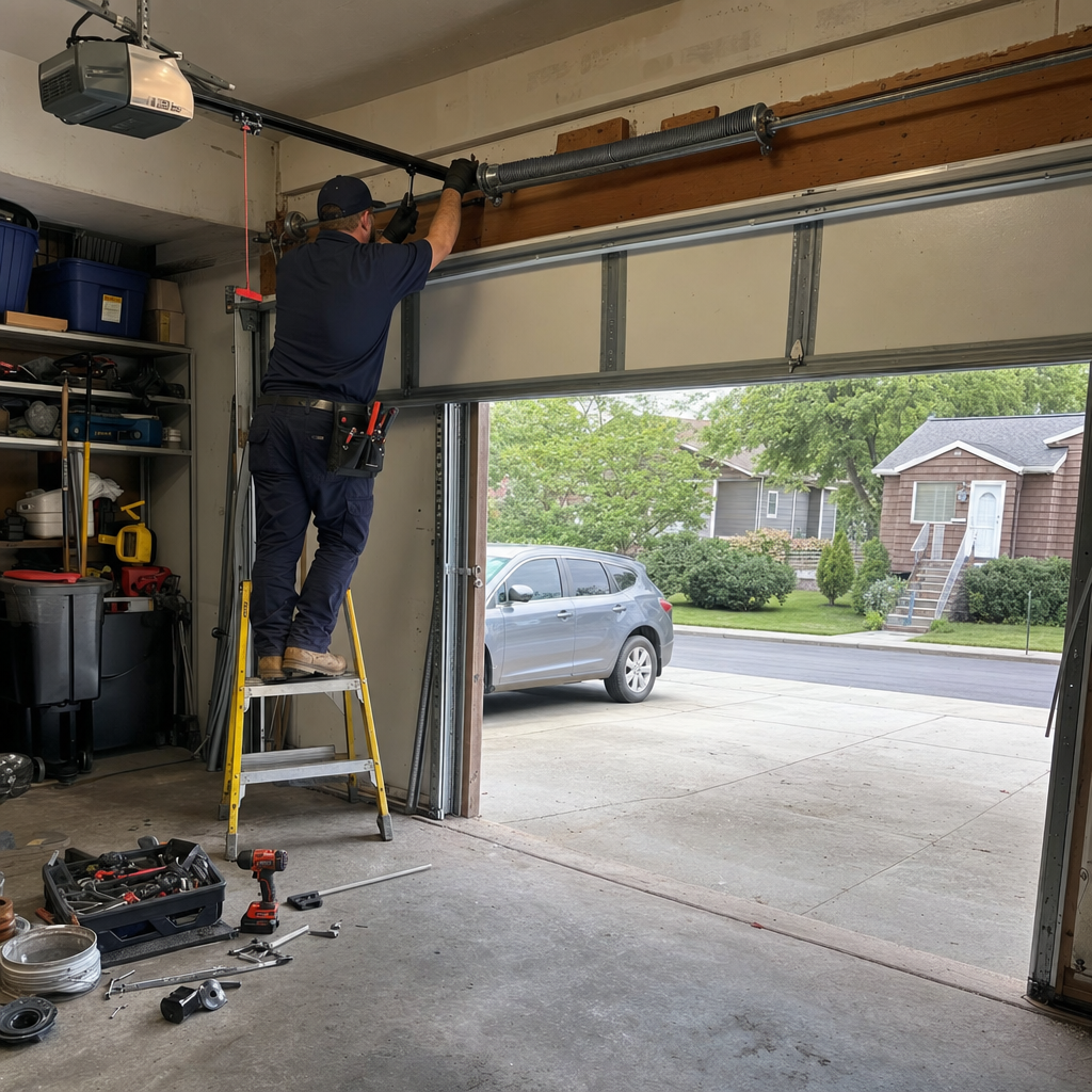 Technician performing emergency garage door torsion spring repair on a ladder in Queens, NY