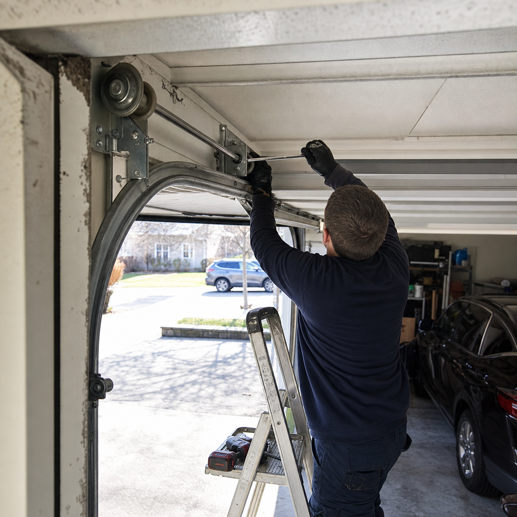 Technician performing emergency garage door repair on a torsion spring in Edgewater, NY