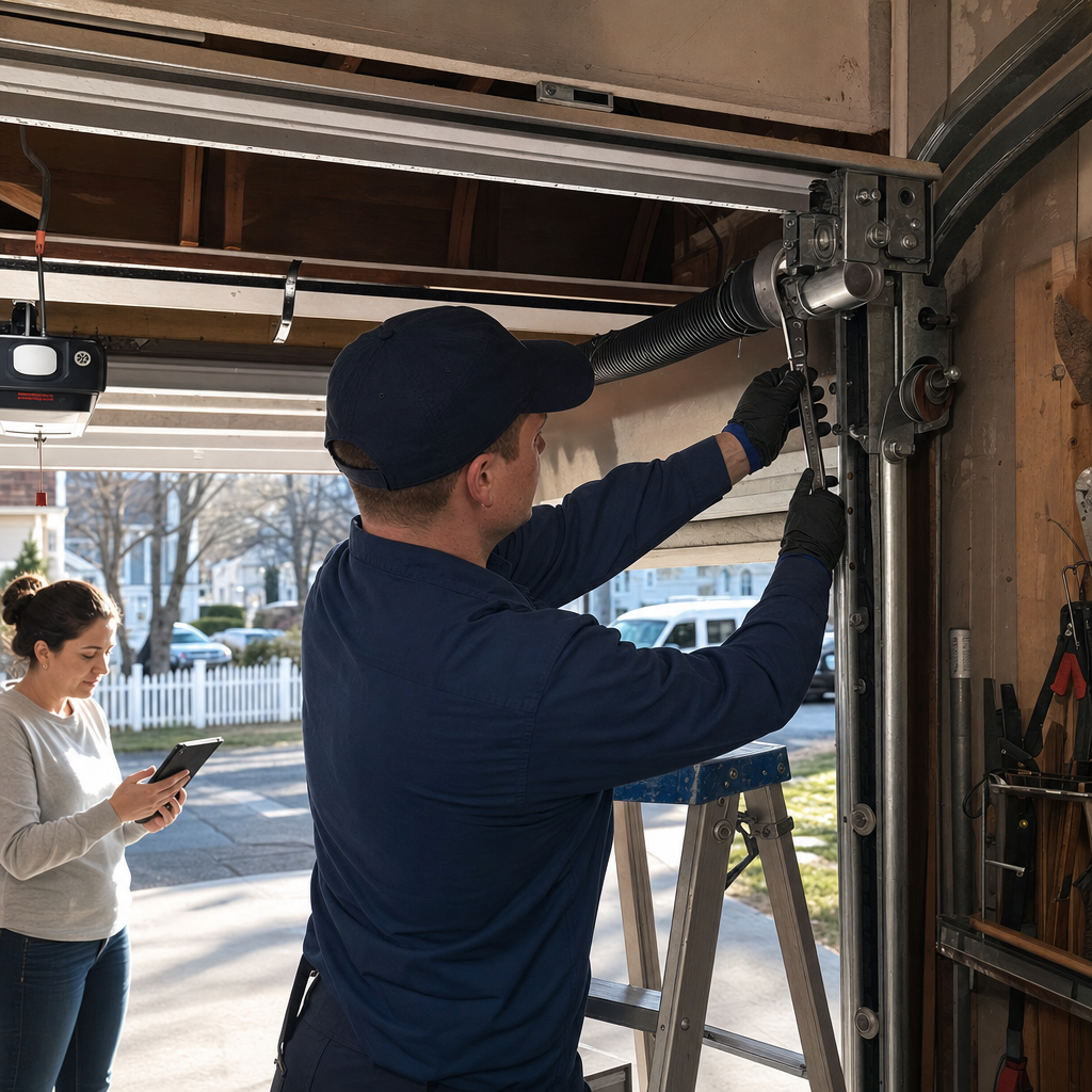 Professional garage door technician performing repairs on a residential door system in New York, NY