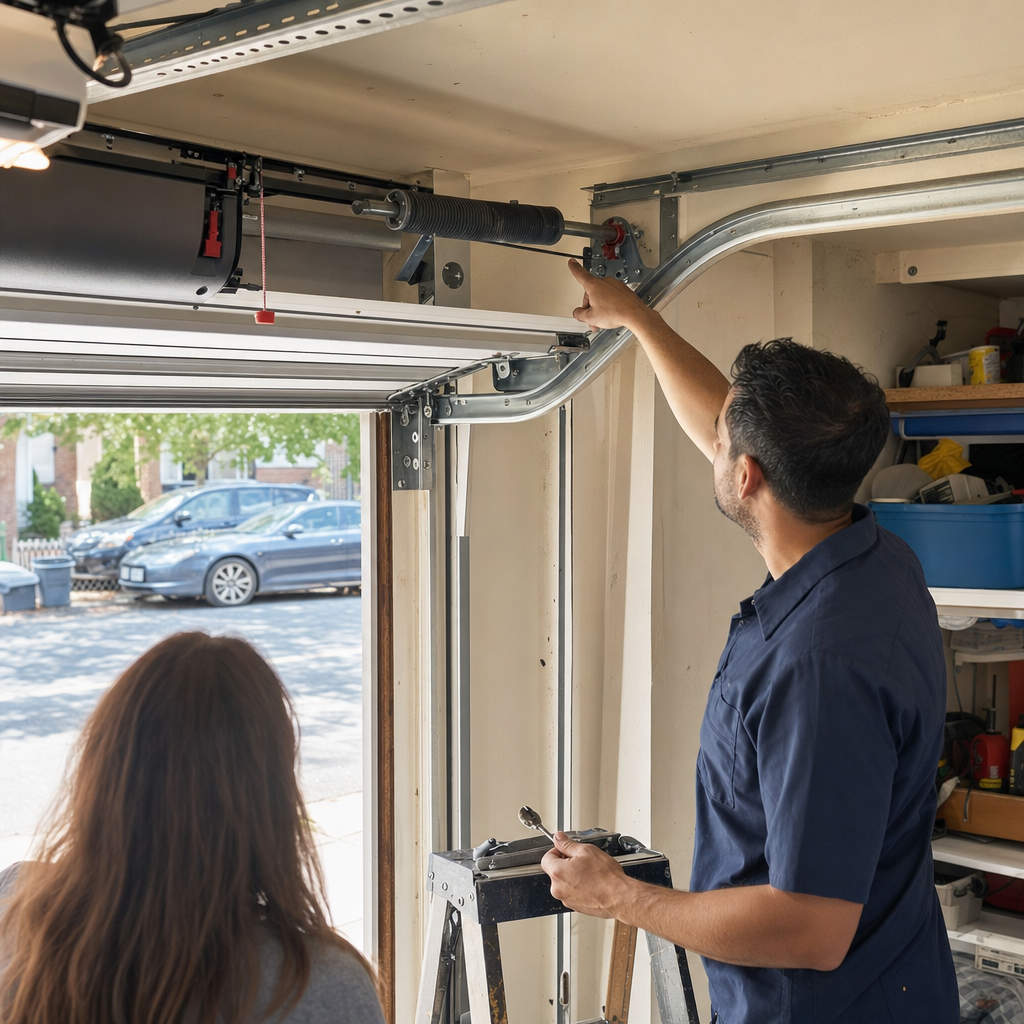 Technician explaining garage door spring repair to a customer in New York, NY