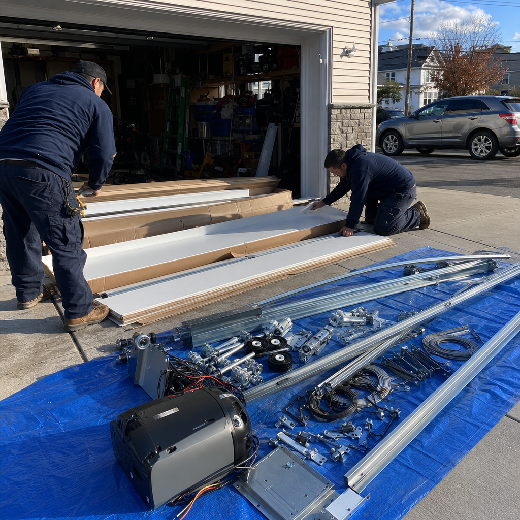 Professional garage door technicians organizing door panels and installation hardware components in New York, NY