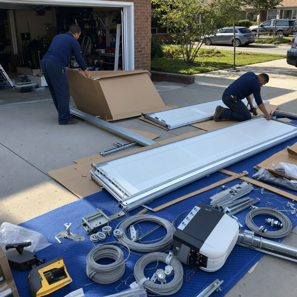 Two professional technicians installing a new residential garage door on a driveway in Bath Beach, NY