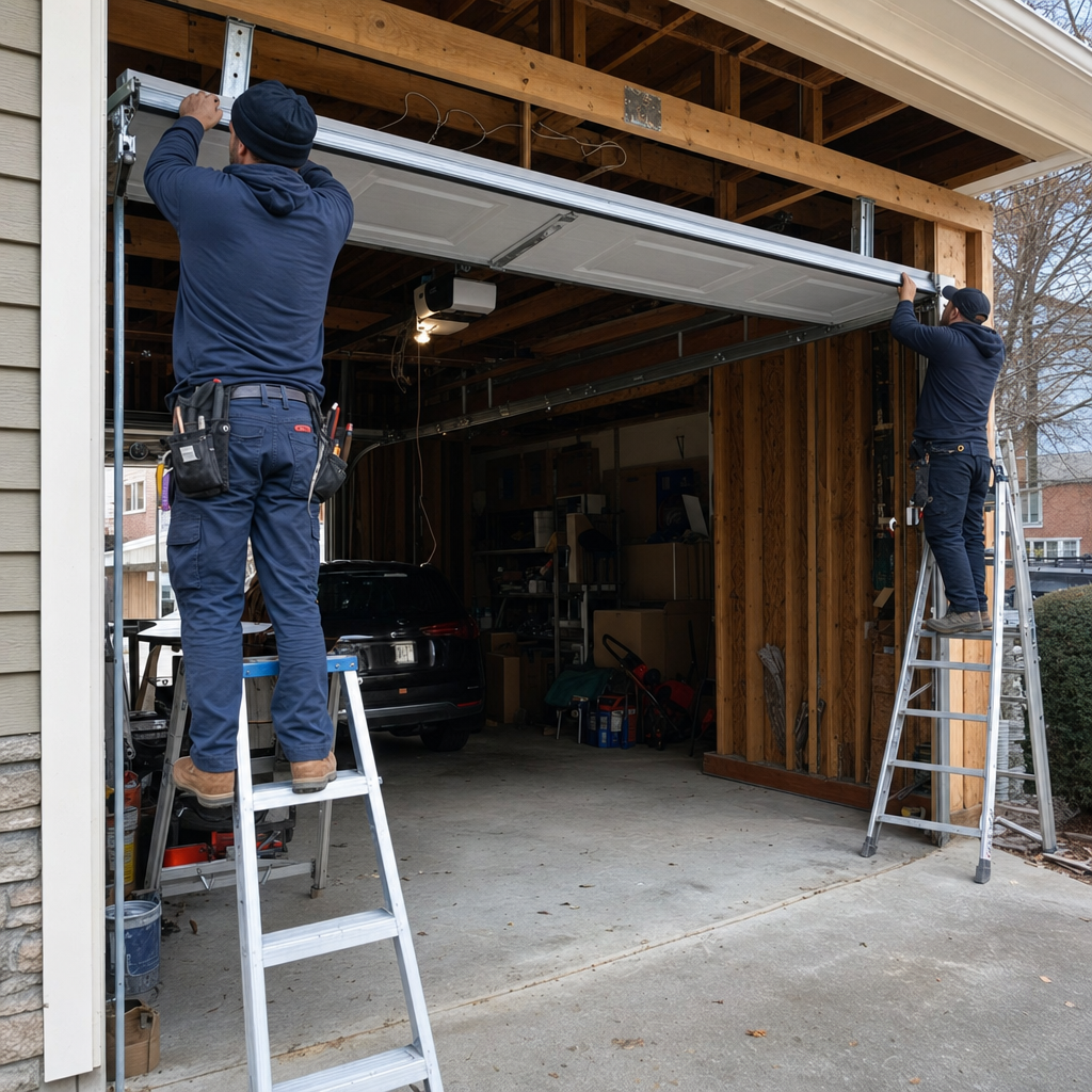 Two professional technicians installing a new residential garage door system in Fairview, NY