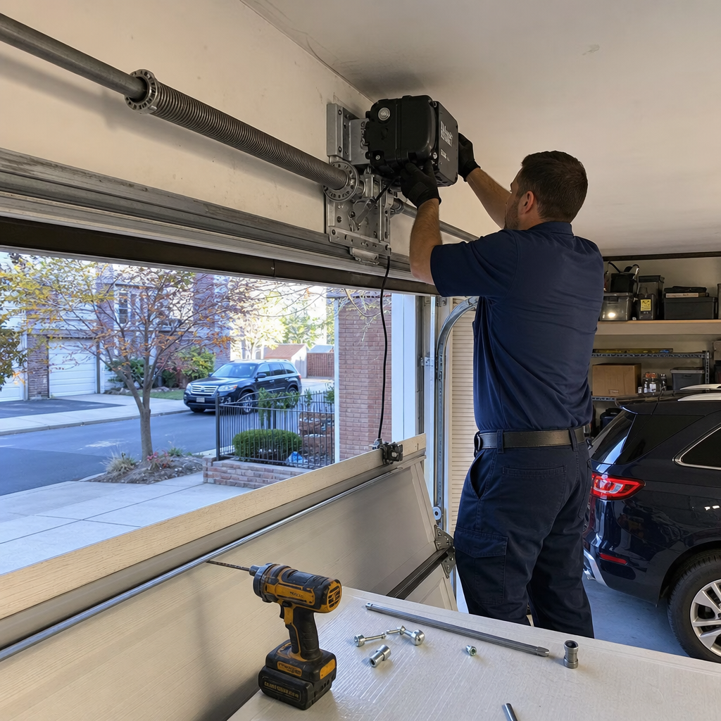 Technician installing a residential wall-mount garage door opener in Hillside, NY
