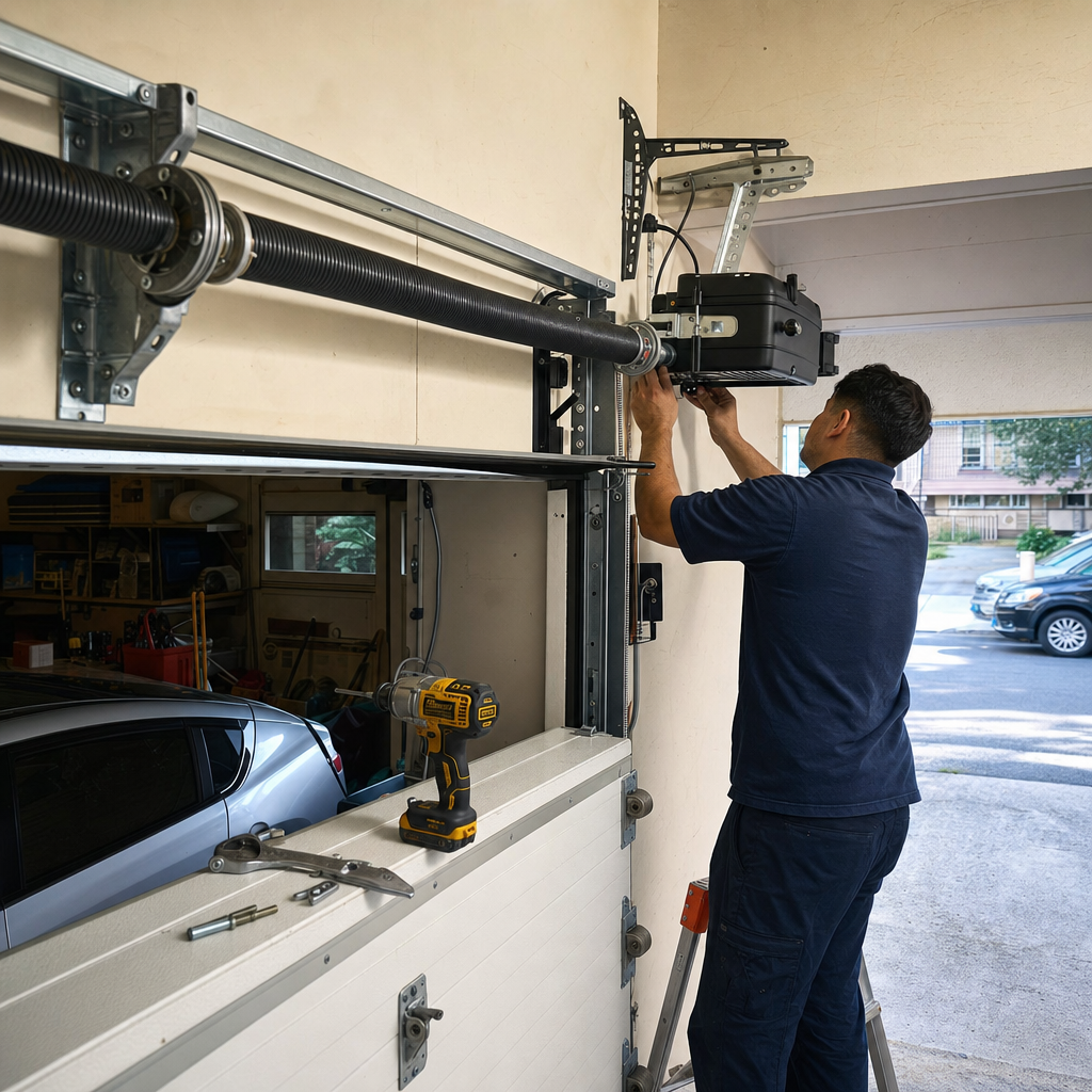 Technician performing professional garage door opener installation and repair in Wallington, NY
