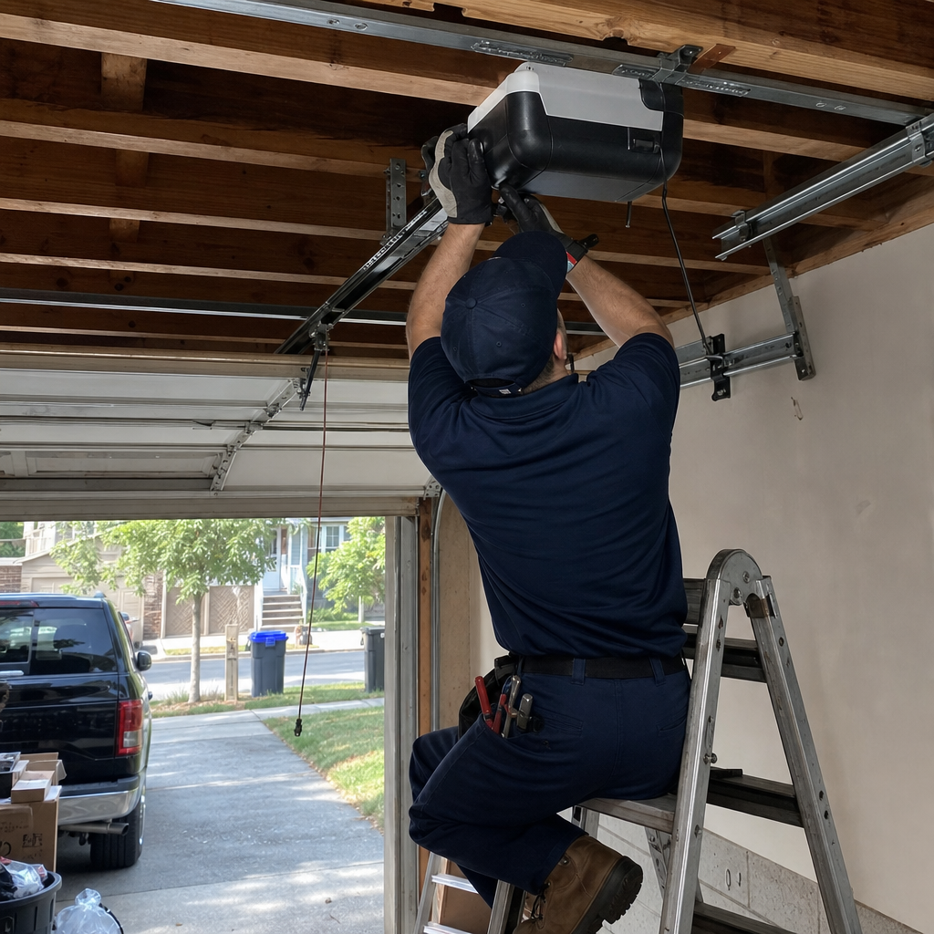 Technician repairing a garage door opener on a ladder in Orange, NY