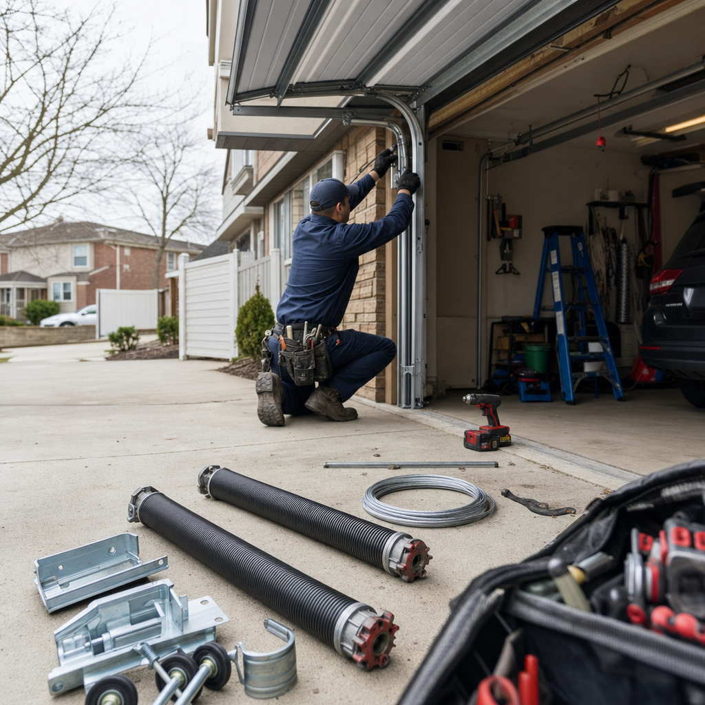 Technician repairing garage door components with replacement parts on the driveway in Flatlands, NY