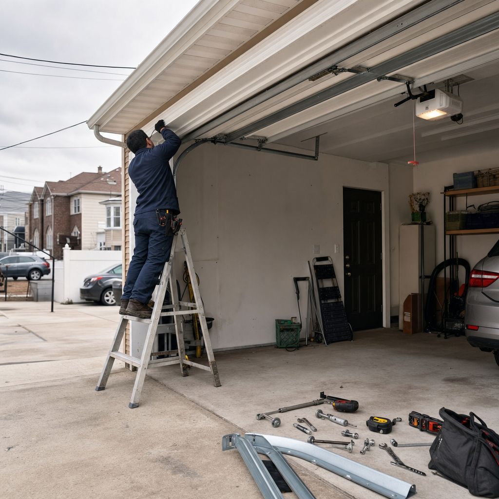 Technician repairing garage door tracks and hardware in Clifton, NY