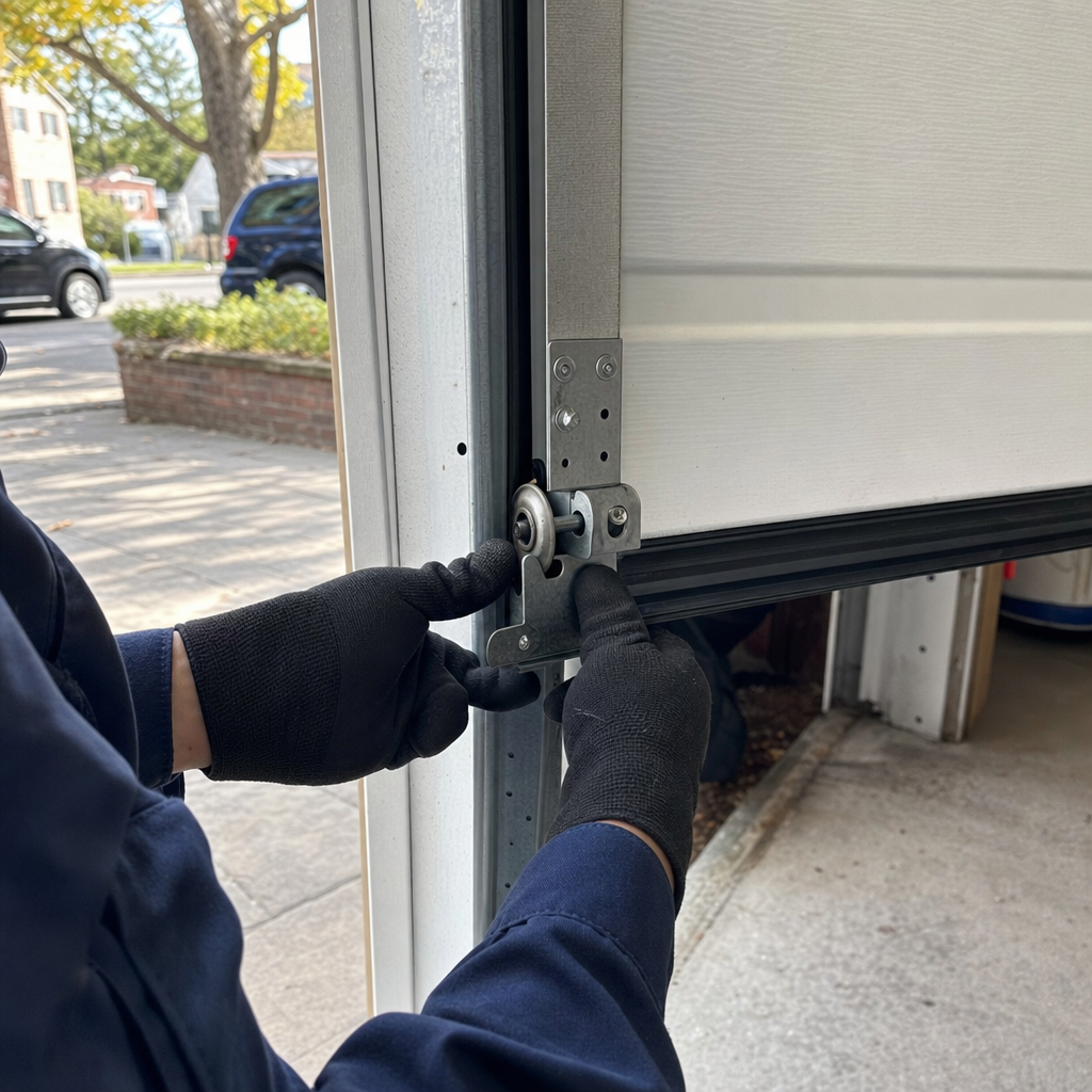 Technician performing professional garage door roller maintenance and repair in Passaic, NY