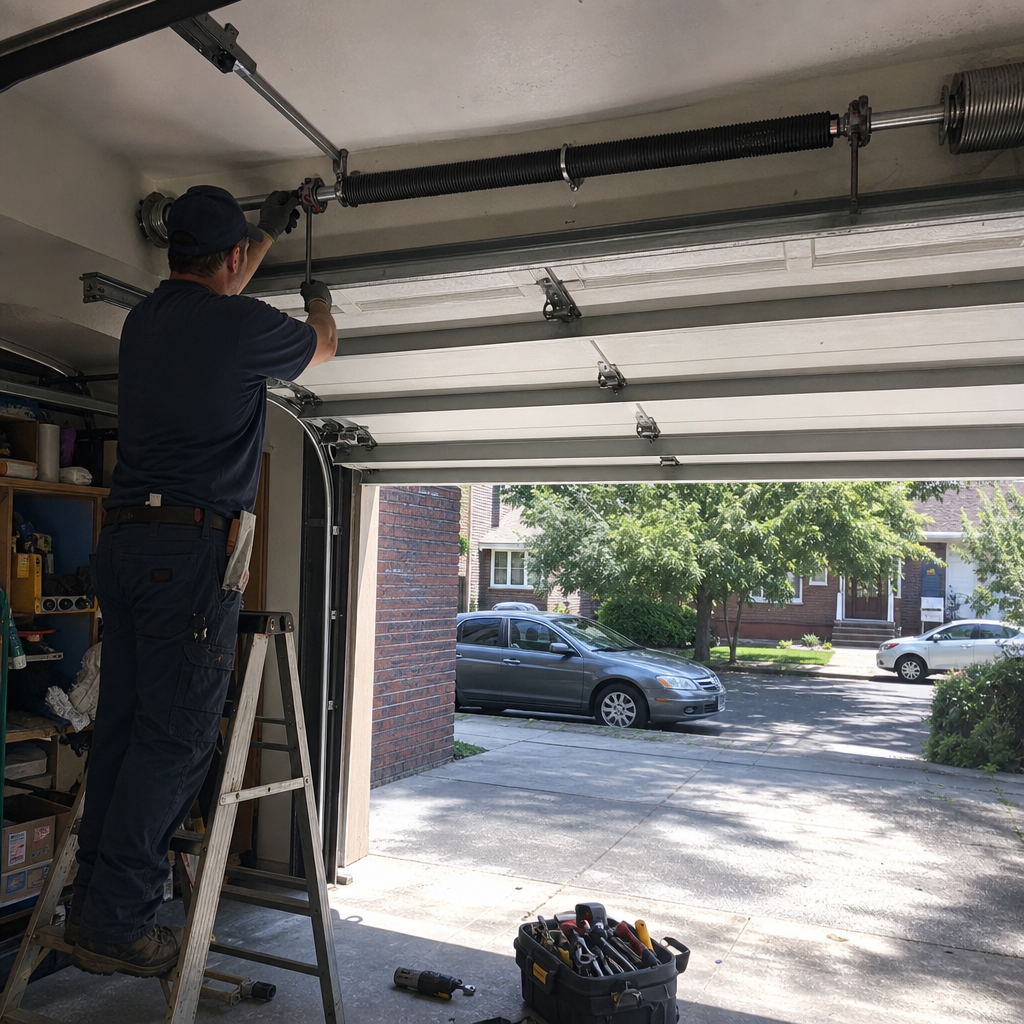 Technician performing garage door spring repair and maintenance in Flatbush, NY