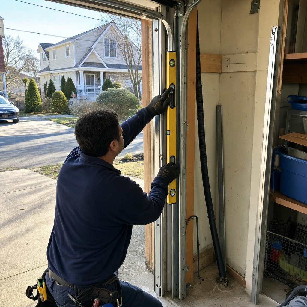 Garage door technician using a level on a garage door track in Bushwick, NY